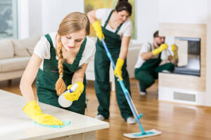 Professional house cleaning service team at work