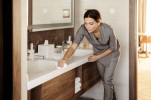 Person cleaning bathroom sink and mirror with cloth for a spotless and fresh look
