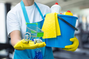 A professional cleaner from Tidy Cleaning Champs deep cleaning a bathroom using specialized brushes and eco-friendly products.